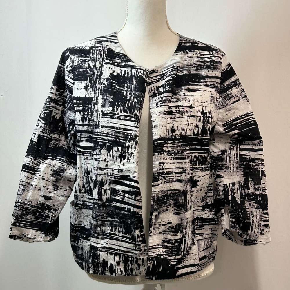 Chicos Art to‎ Wear Jacket Black White Abstract Brush Stroke Cotton Blend Sz 2